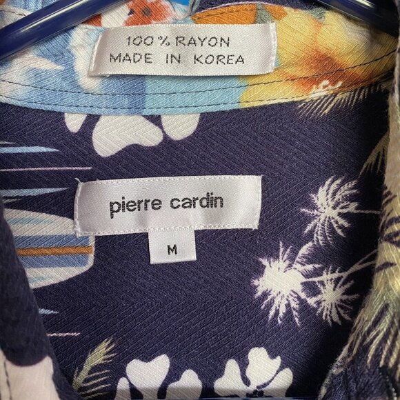 Pierre Cardin Shirt Adult Medium Navy Hawaiian Flowers Palm Trees Surfing Mens - Picture 3 of 6
